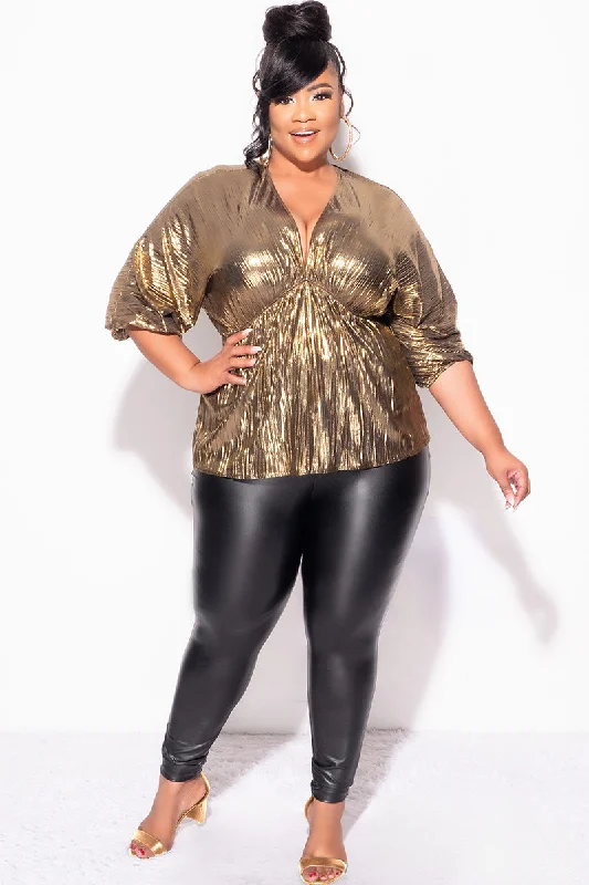 Final Sale Plus Size Pleated Peplum Top in Metallic GoldKnit Top