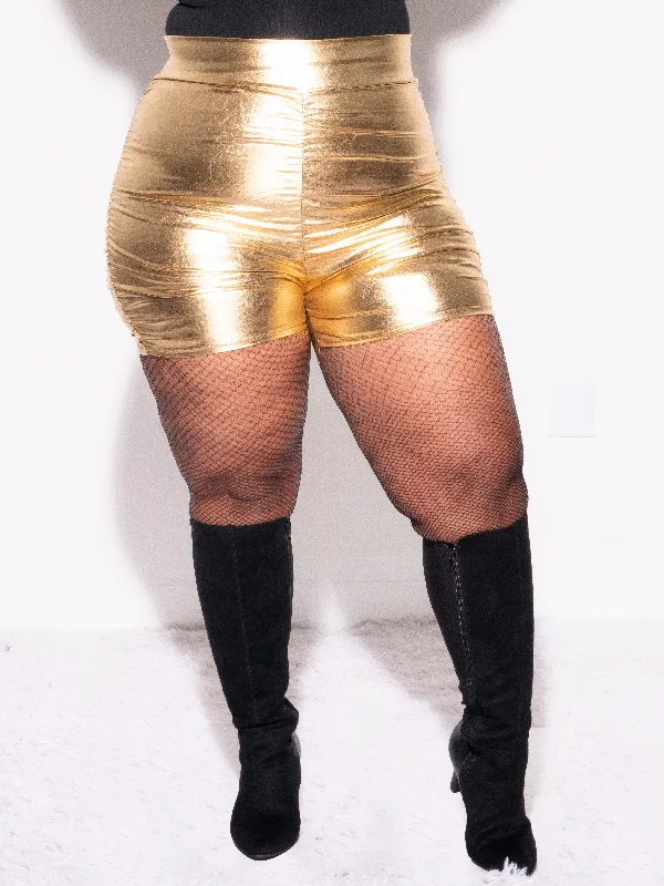 Final Sale Plus Size Faux Leather Shorts with Ruched Sides in GoldKnitted Tee