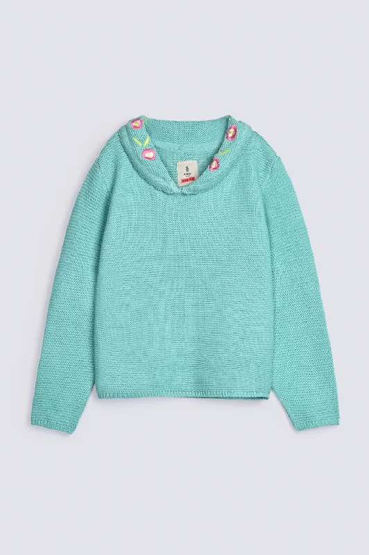 GIRLS EMBROIDERED COLLAR KNIT SWEATERCable Knit Tops