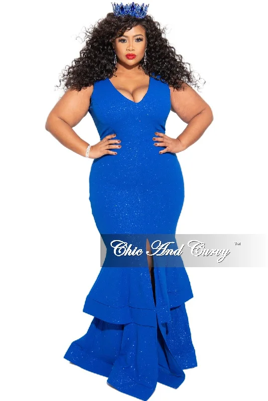 Final Sale Plus Size Ruffle Bottom Glitter Maxi Dress in Royal BluePlus size women's hollow tops