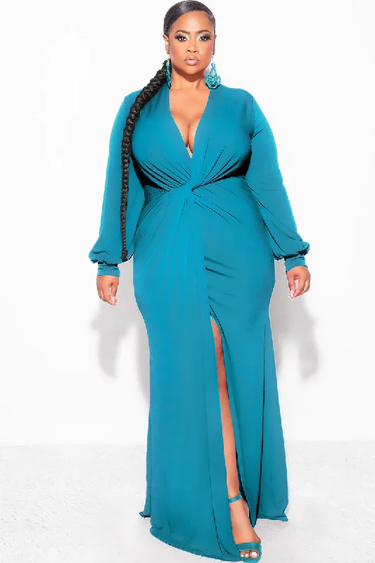 Final Sale Plus Size V-Neck Gown with Twist Front Waist in Emerald / Teal GreenWomen's wedding tops