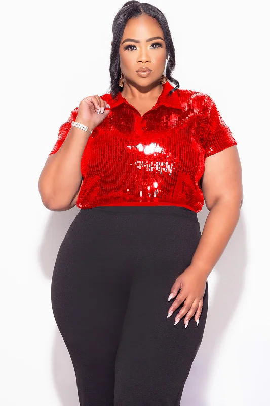 Final Sale Plus Size Collar Sequin Top in RedLarge women's stretch tops