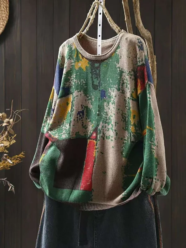 Women Autumn Casual Colorblock Knit O-Neck SweaterV-Neck Knit Tops