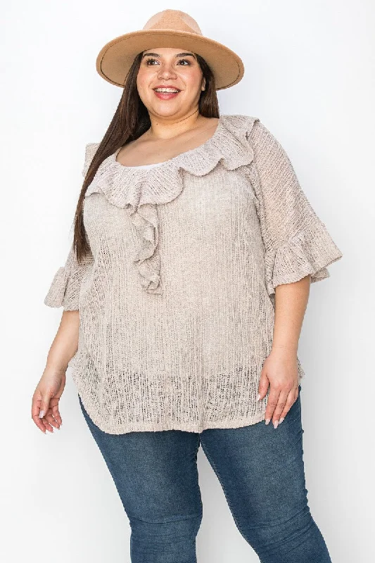 Beige Lightweight Sweater Ruffle Neck Line Midi Sleeve TopYoga Knit Tops