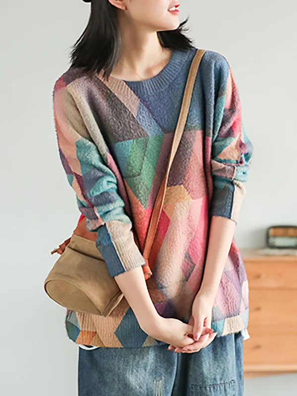 Plus Size Autumn Geometry Vintage Women Loose SweaterLayered Knit Tops