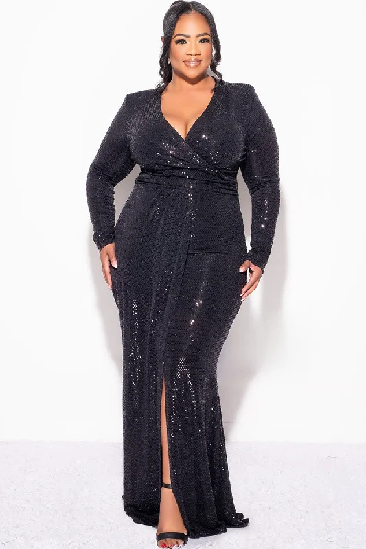 Final Sale Plus Size Confetti Dot Knit Sequin Faux Wrap Gown With Front Slit In BlackPlus size women's elegant tops