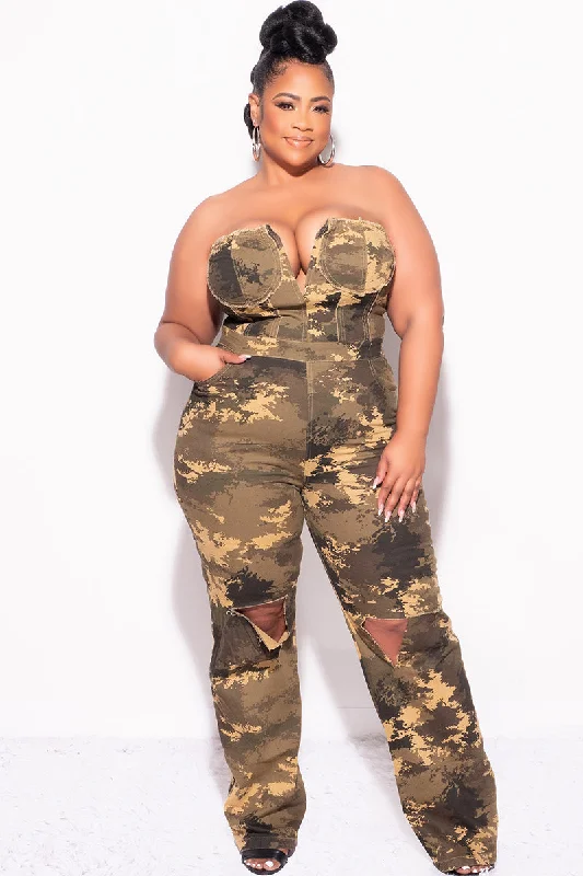 Final Sale Plus Size Strapless Deep V Jumpsuit with Ripped Knees In Camouflage PrintPlus size women's printed tops