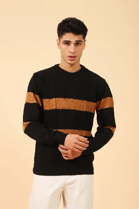 CABLE KNIT CONTRAST STRIPE SWEATERBoat Neck Knit Tops