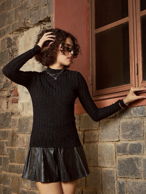 Women Black Rib Full Sleeves High Neck SweaterMetallic Knit Tops