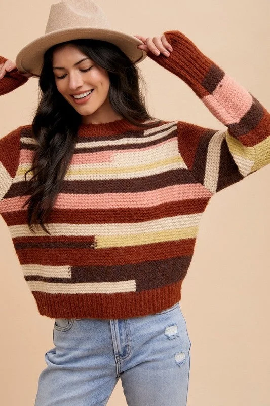 Brown Color Block Round Neck Long Sleeve SweaterAsymmetrical Knit Tops