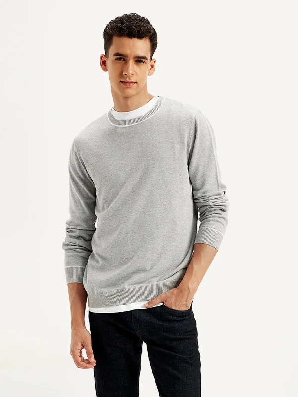 Men's Solid Light-Grey Crew Neck SweaterCollege Knit Tops