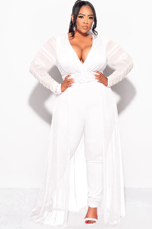 Final Sale Plus Size Mesh Ruched Sleeve Jumpsuit with Attached Long Skirt in Off WhiteWomen's autumn tops