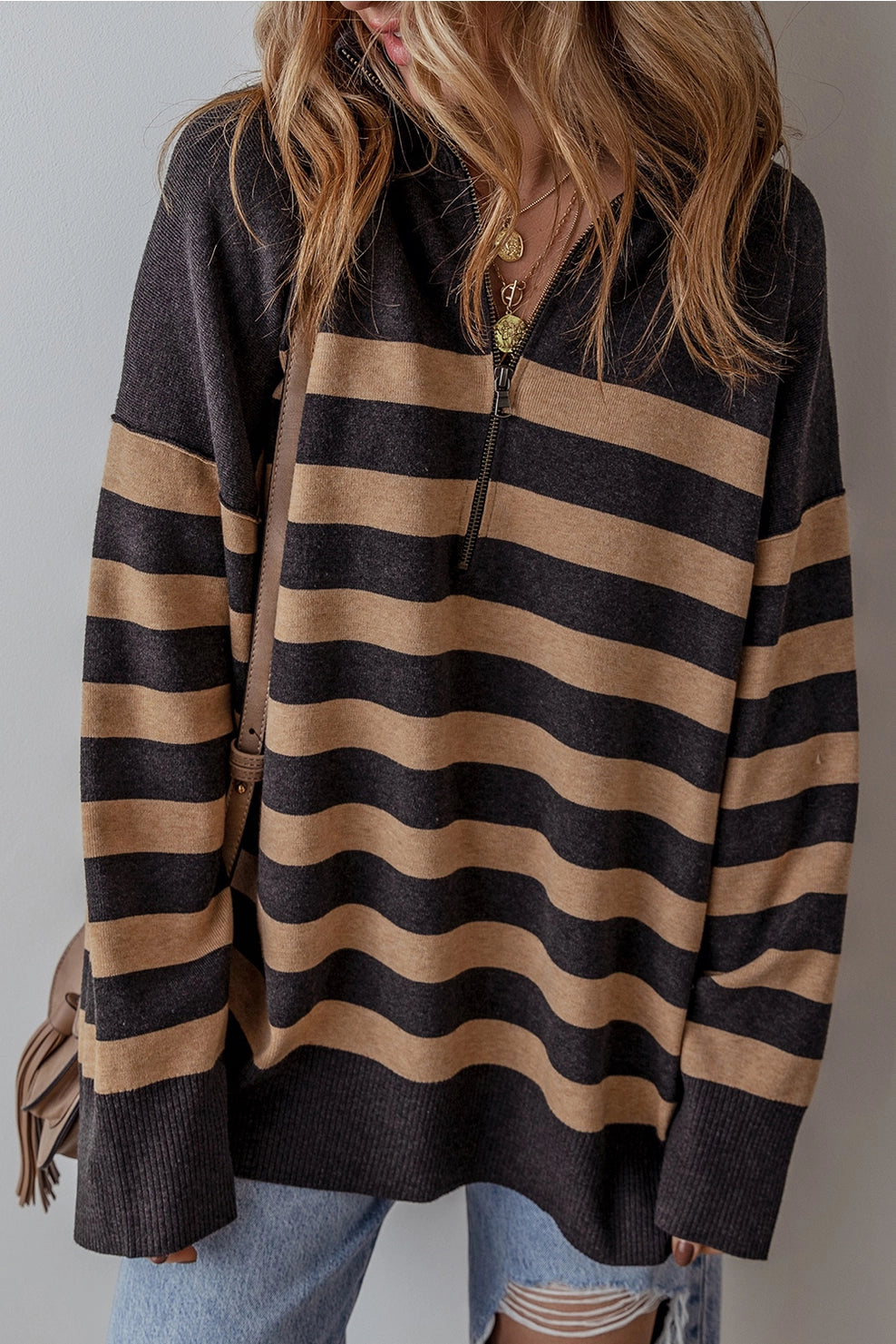 Stripe Collared Quarter Zipper Oversized SweaterLogo Knit Tops