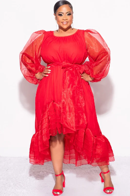 Final Sale Plus Size Chiffon Ruffle Highlow Dress with Tie in RedWomen's dating tops