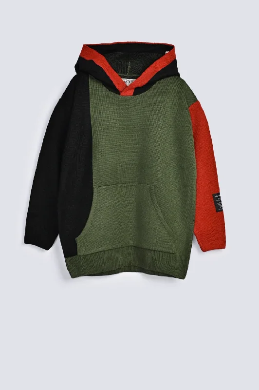 BOYS CONTRAST SLEEVE HOODED SWEATERWinter Knit Tops