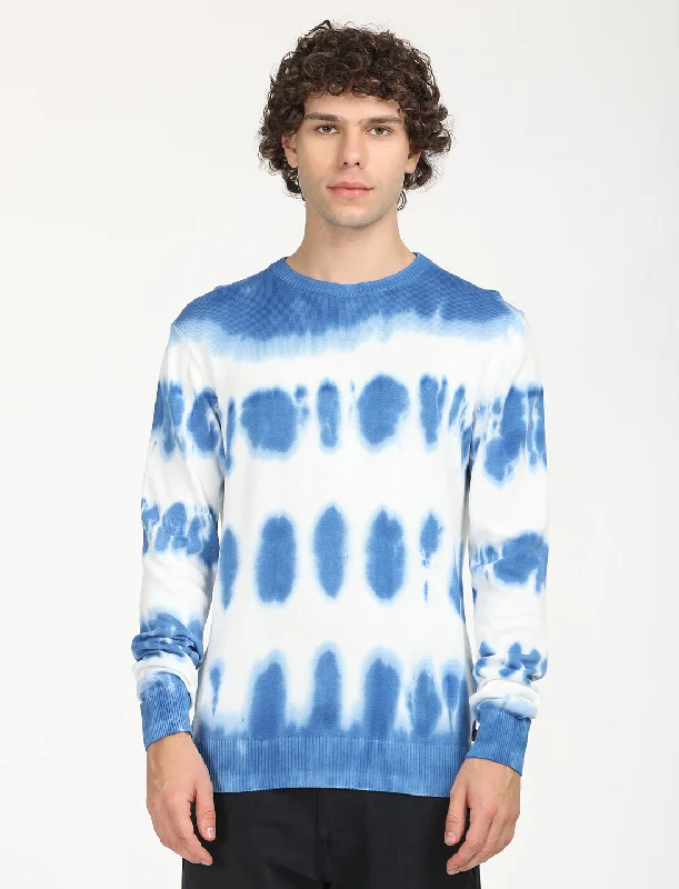 Men's Tie-Dye Blue Crew Neck SweaterFormal Knit Tops