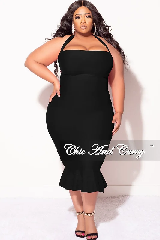 Final Sale Plus Size Halter Bandage Dress with Ruffle Bottom in BlackLarge women's warm tops