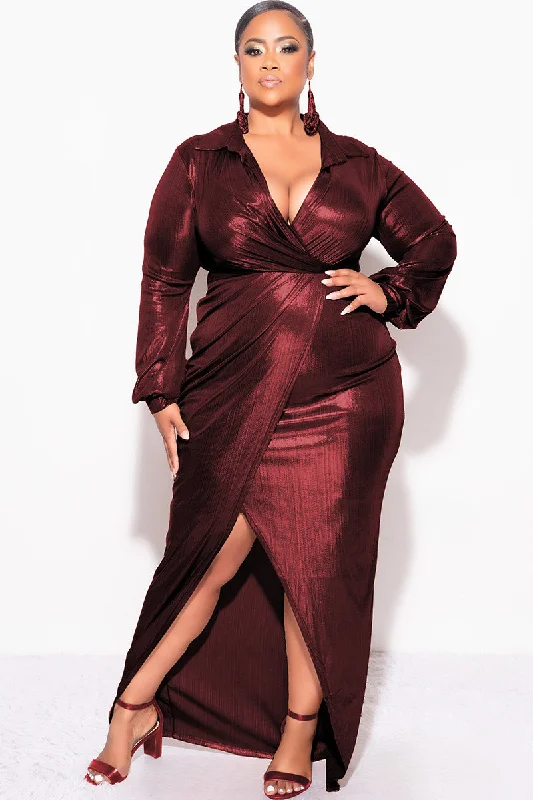 Final Sale Plus Size Faux Wrap Pleated Waist Foil Dress in WinePlus size women's striped tops