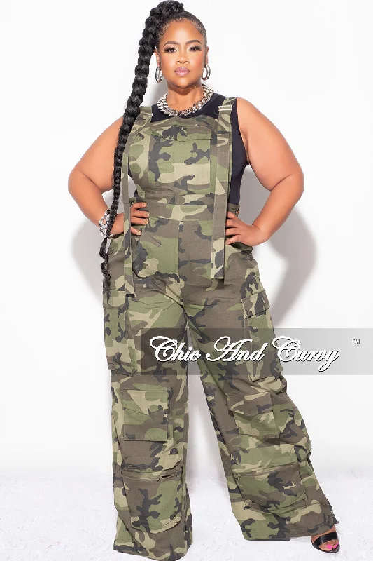 Final Sale Plus Size Spaghetti Strap Button Up Cargo Overalls in CamouflageLarge women's loose tops