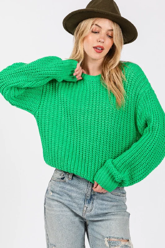 Green Round Neck Drop Shoulder SweaterMetallic Knit Tops