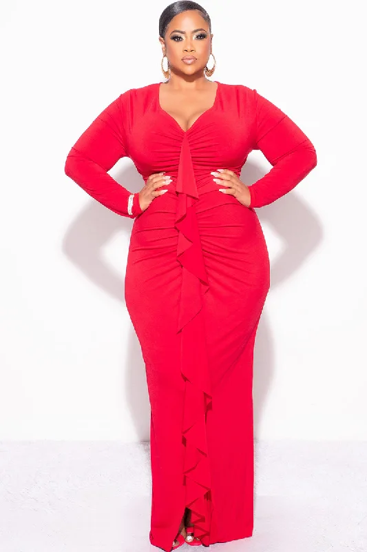 Final Sale Plus Size V-Neck Gown with Ruched Center & Ruffle in RedWomen's beach tops