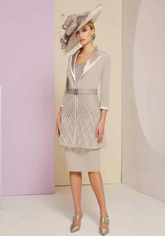 Veni Infantino Mesh Detail Occasion Dress and Jacket, Taupe Ivory