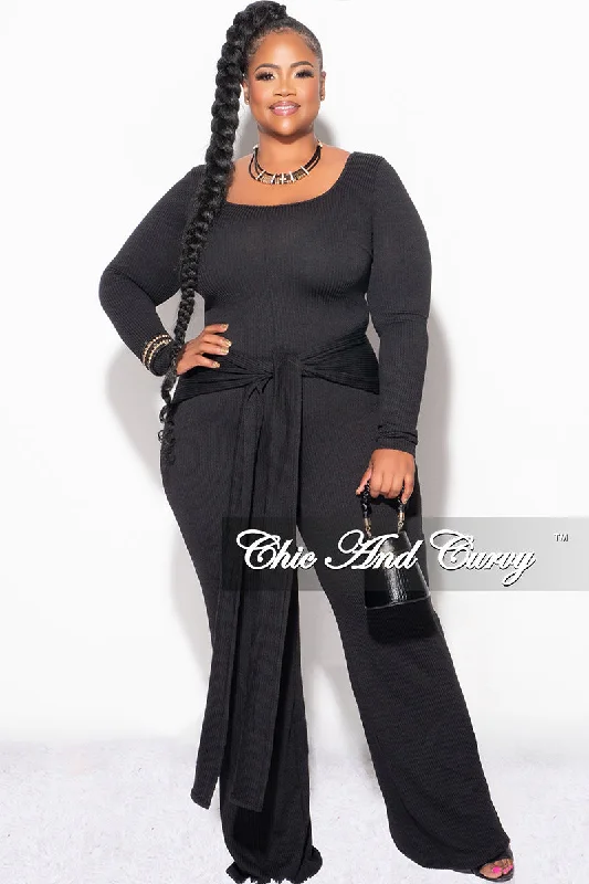 Final Sale Plus Size Ribbed Jumpsuit with Attached Tie in BlackLarge women's blended tops