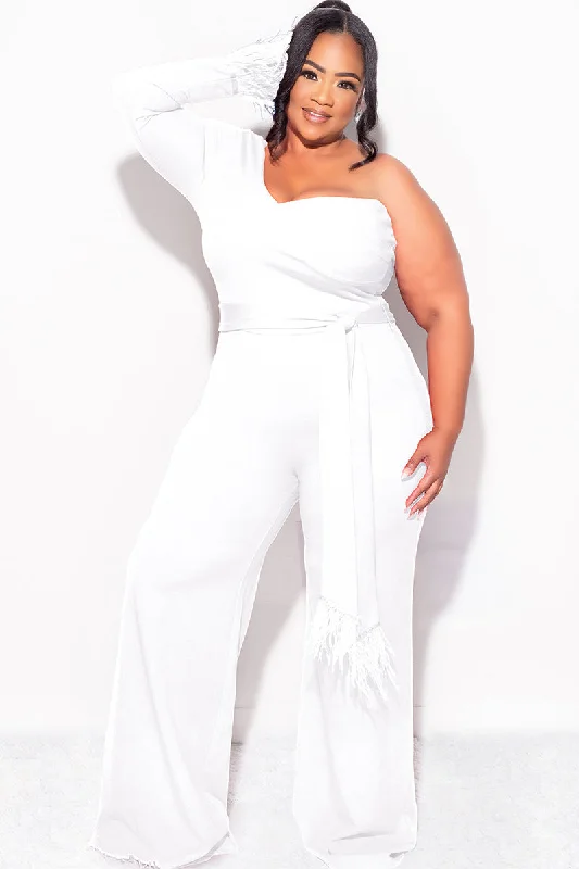 Final Sale Plus Size One Shoulder Long Sleeve Feather Cuff Jumpsuit with Tie in IvoryPlus size women's off-the-shoulder tops