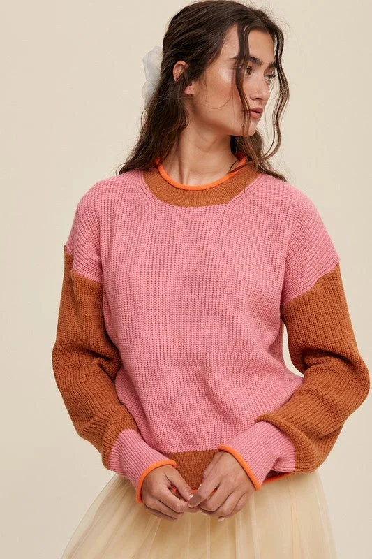 Pink Color Block Ribbed Knit SweaterWinter Knit Tops