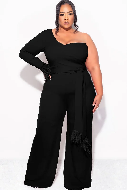 Final Sale Plus Size One Shoulder Long Sleeve Feather Cuff Jumpsuit with Tie in BlackLarge women's wool tops