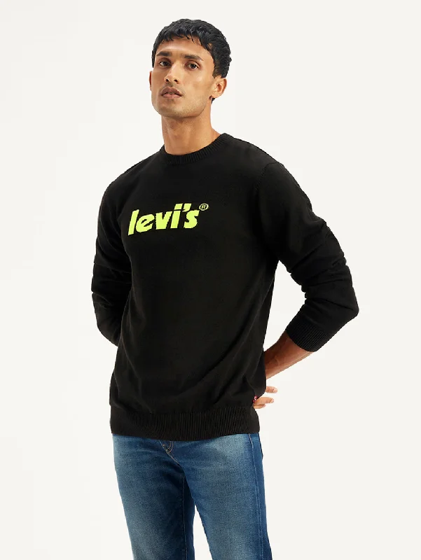 Men's Brand Logo Black Crew Neck SweaterBranded Knit Tops