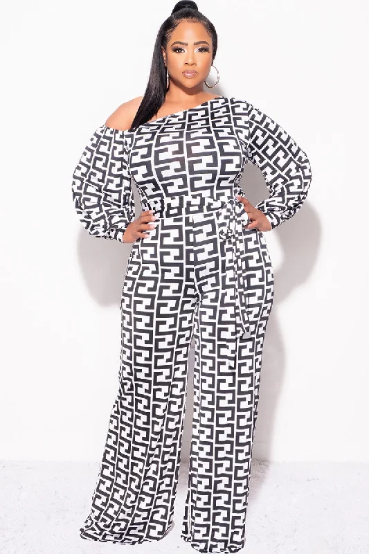 Final Sale Plus Size One Sleeve Jumpsuit in White and Black Maze PrintWomen's luxury tops