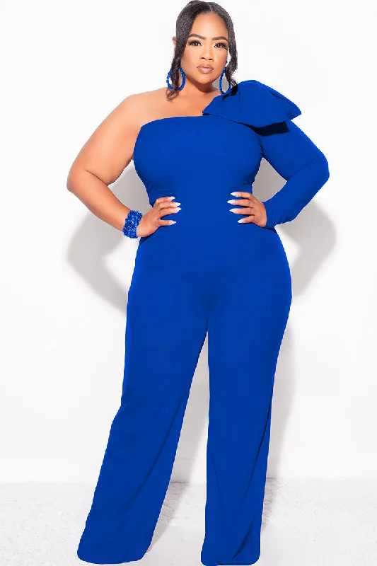 Final Sale Plus Size One Shoulder Long Sleeve Jumpsuit with Bow in Royal BluePlus size women's cotton tops