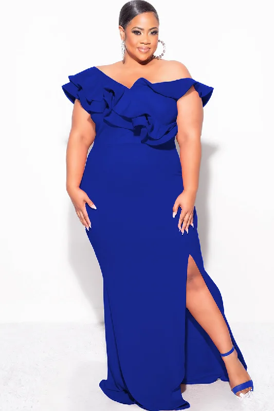 Final Sale Plus Size Gown with Layered Sleeves and Slit in Royal BlueWomen's long sleeve tops