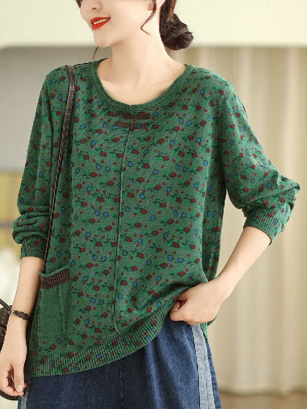 Women Vintage Floral Winter Spliced O-Neck SweaterRibbed Knit Tops