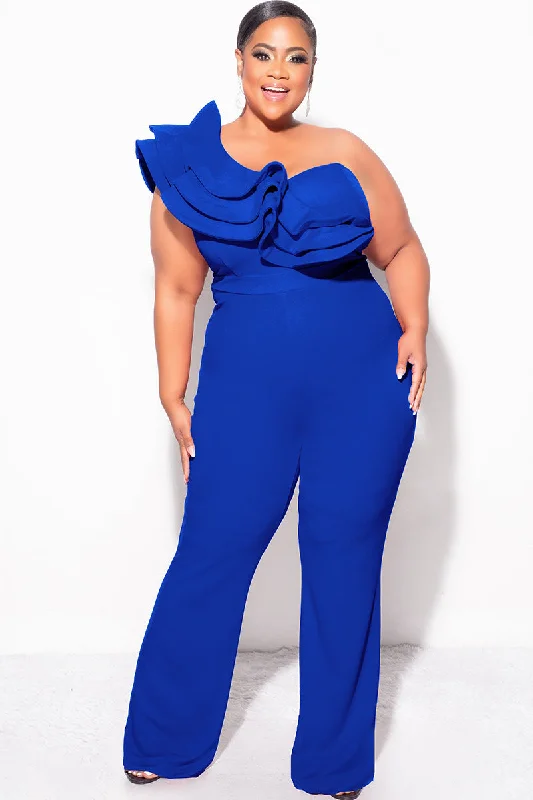 Final Sale Plus Size One Shoulder Ruffle Trim Jumpsuit in Royal BluePlus size women's bohemian tops