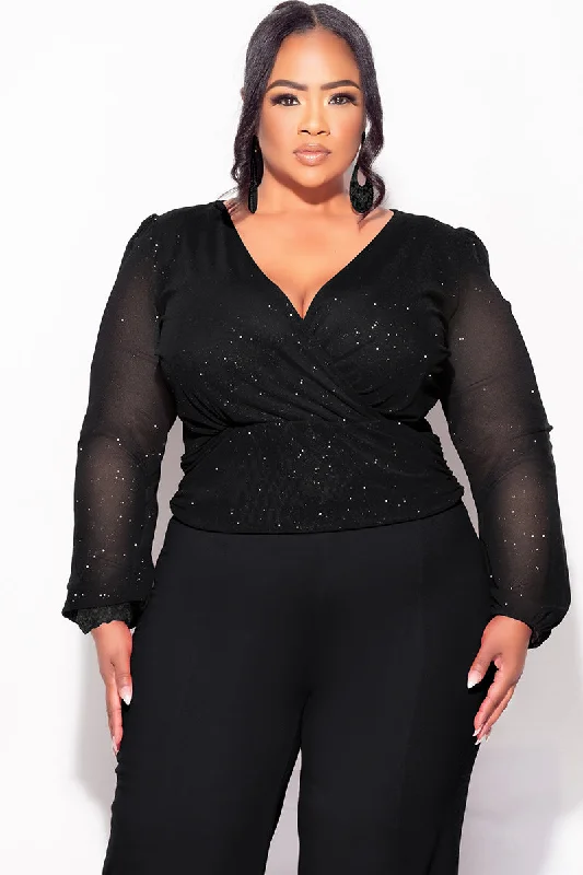 Final Sale Plus Size Sheer Glitter Faux Wrap Top in BlackLarge women's zipper tops