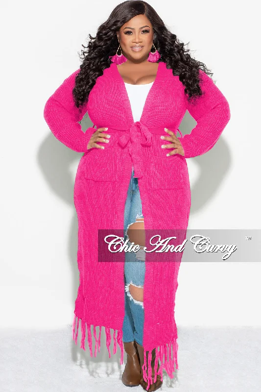 Final Sale Plus Size Crochet Cardigan with Tie and Fringe Bottom in Hot PinkPlus size women's casual tops