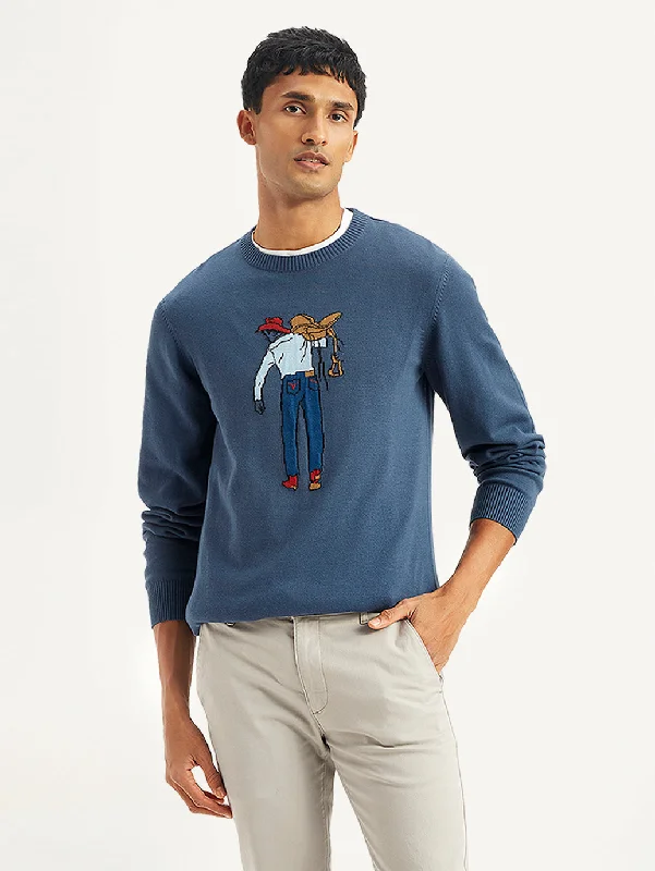 Men's Graphic Print Blue Crew Neck SweaterLogo Knit Tops