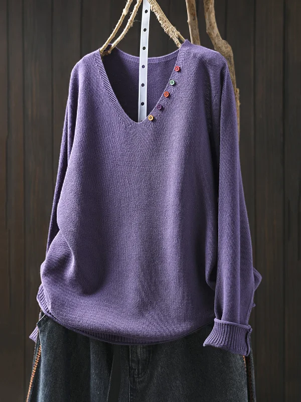 Women Autumn Casual Pure Color V-Neck SweaterCotton Knit Tops