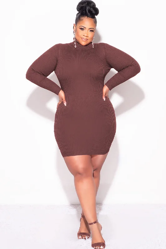 Final Sale Plus Size Ribbed Turtle Neck Dress in BrownPlus size women's hollow tops