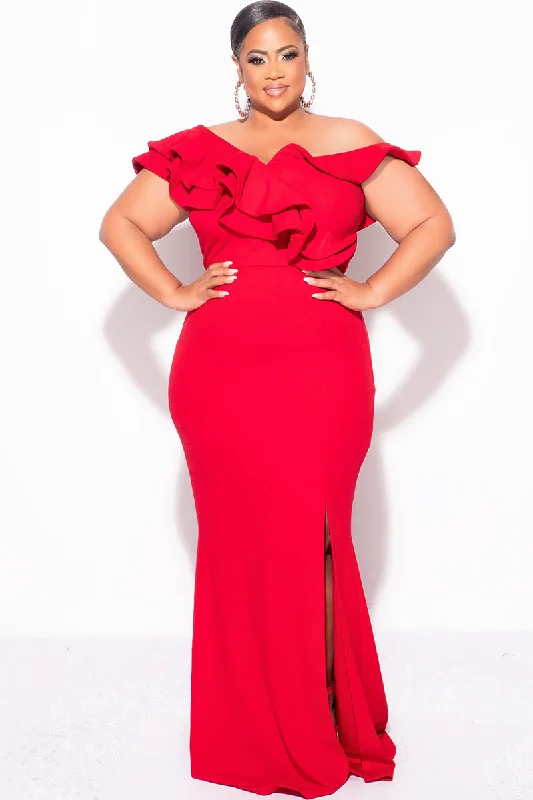 Final Sale Plus Size Gown with Layered Sleeves and Slit in RedWomen's short sleeve tops