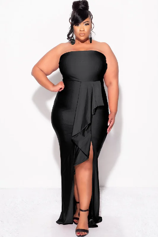 Final Sale Plus Size Strapless Ruffle Dress with Slit in BlackPlus size women's solid color tops