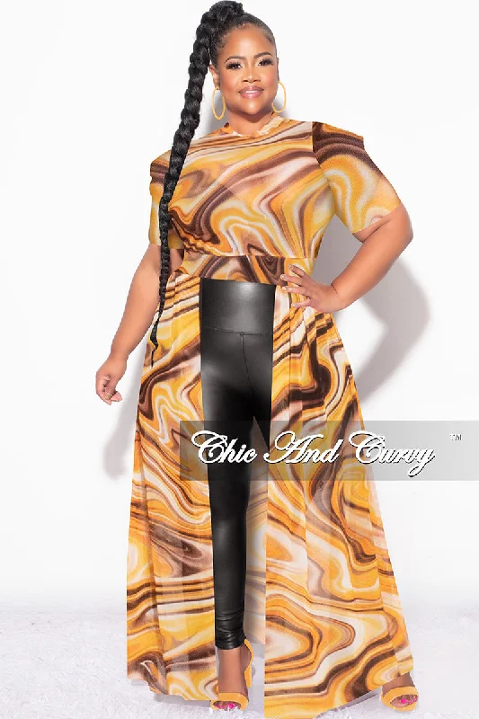 Final Sale Plus Size Mesh Top with Train in Brown Yellow and OrangePlus size women's silk tops