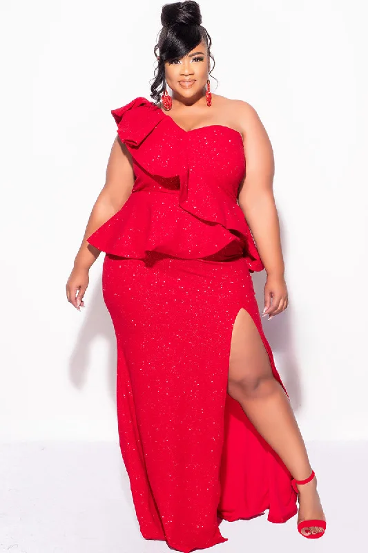 Final Sale Plus Size One Shoulder Layered Ruffle Gown in Red GlitterLarge women's breathable tops