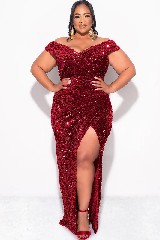 Final Sale Plus Size Off The Shoulder Sequin & Velvet Ruched Gown with Front Slit in BurgundyLarge women's zipper tops