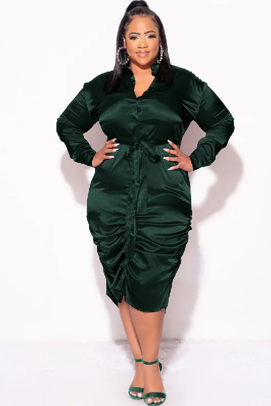 Final Sale Plus Size Satin Collar Button Up Dress with Attached Belt and Ruched Bottom in Hunter GreenLarge women's cropped tops