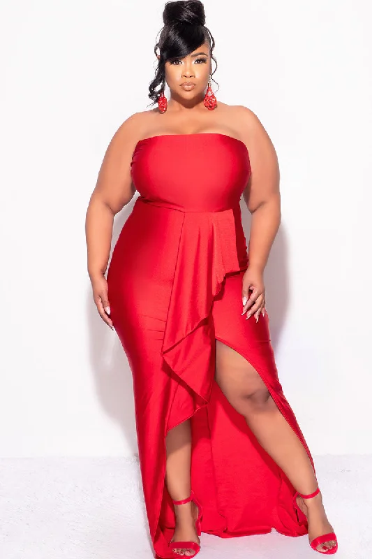 Final Sale Plus Size Strapless Ruffle Dress with Slit in RedWomen's affordable tops