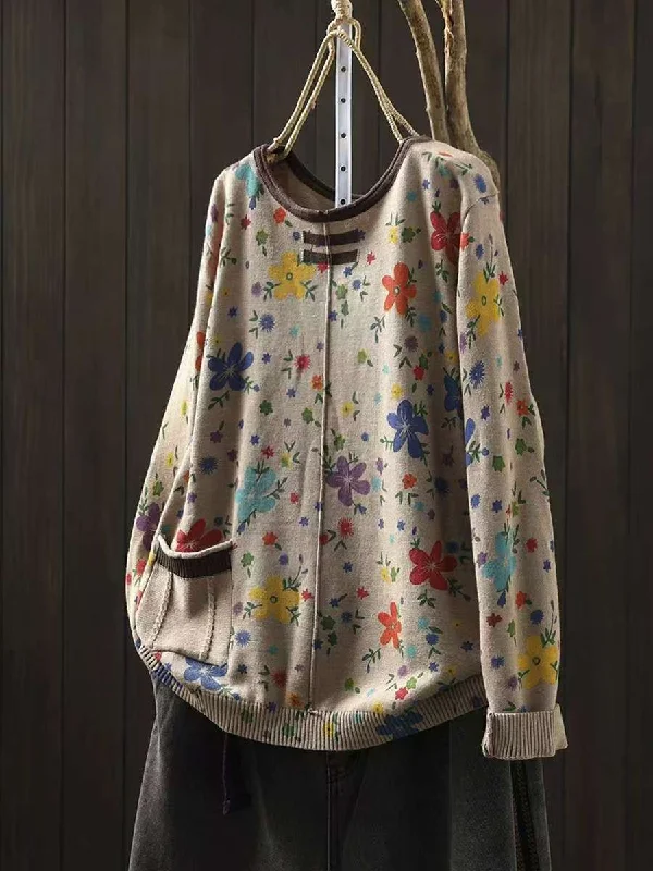 Women Autumn Casual Flower Knit O-Neck SweaterLace-Up Knit Tops