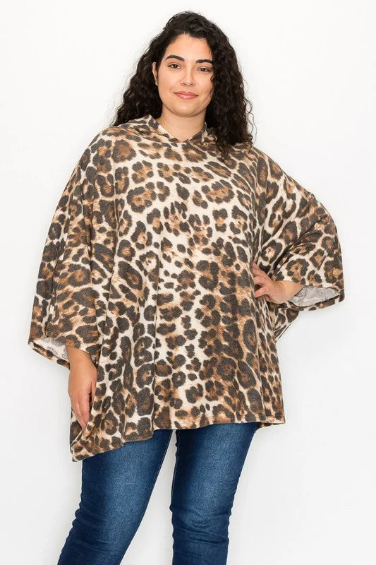 Oversized Leopard Print Sweater Poncho w HoodRecycled Fabric Knit Tops